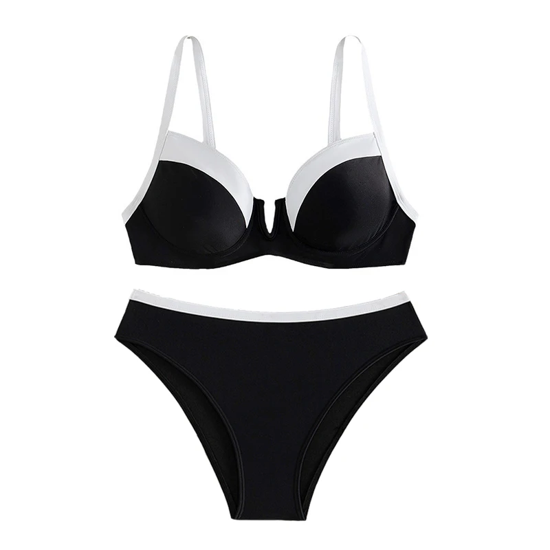 Bikini Set Sexy Black Contrast Swimwear Push Up Bikini Women 2024 Strój kąpielowy z wysokim stanem na fiszbinach Dwuczęściowy kostium kąpielowy