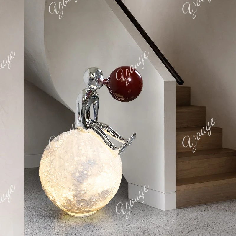 Corner moon ornament abstract floor figure blowing bubble sculpture light luxury decoration interior landscaping