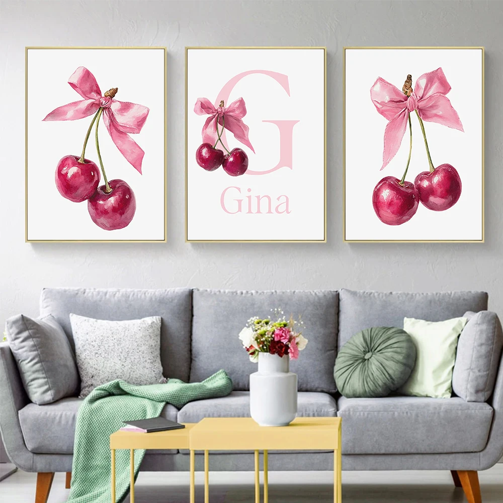 

3pcs Cherry Bow Painting Personalized Wall Art Custom Name Pink Red Minimalist Picture Baby Nursery Interior Decor Canvas Print