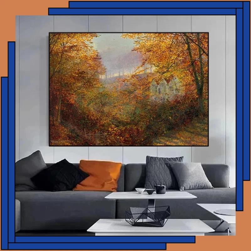 Trees Turning Gold in Rustic Forest – Vintage Moody Autumn Frameless Canvas Art for Living Room 2026