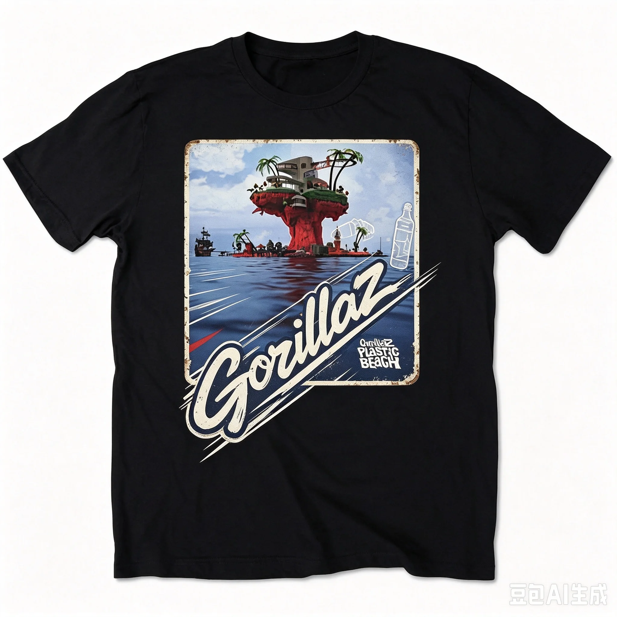 Men Rock Band T‑Shirt Gorillaz Plastic Beach Retro Distressed Album Cover Graphic Print Casual Crew Neck Tops
