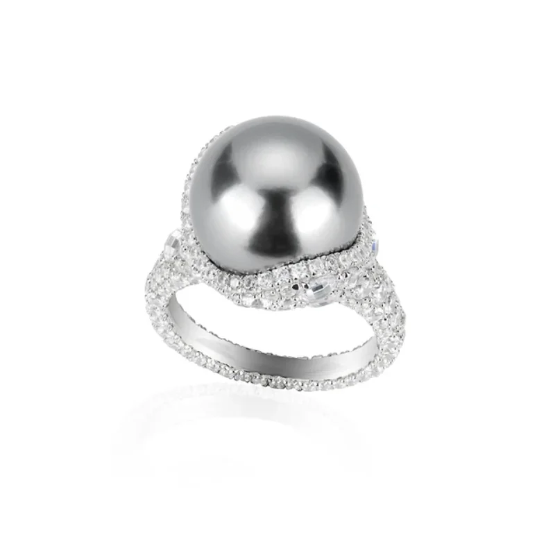 Bellux 925 Silver Synthetic Zircon Ring Cloud Pearl Grey Shell Pearl Bird's Nest Diamond Set Silver Large Rings