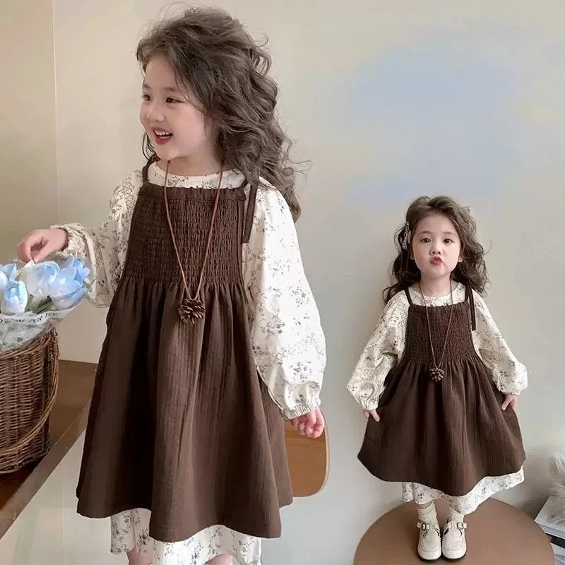 فساتين كاجوال للفتيات أوائل الخريف طقم فستان زهري للفتيات على الطراز الكوري + فستان صيفي عصري للأطفال الصغار بأكمام مكشكشة