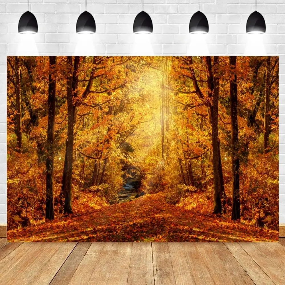 Fall Forest Photography Background Autumn Yellow Fallen Maple Leaves Pathway Scenery Backdrop Adult Kid Portrait Photoshoot Prop