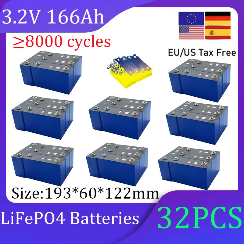 

32 шт. 3,2 В 166 Ач 170 Ач Lifepo4 аккумулятор большой емкости DIY 12 В 24 В 36 В 48 В подходит для электромобиля скутера солнечный инвертор