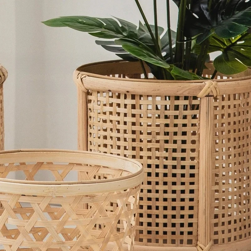 Scandinavian Rattan Plant Basket-Handwoven Hanging Planter Pot with Climbing Trellis for Balcony Garden Decor Boho Macrame Shelf