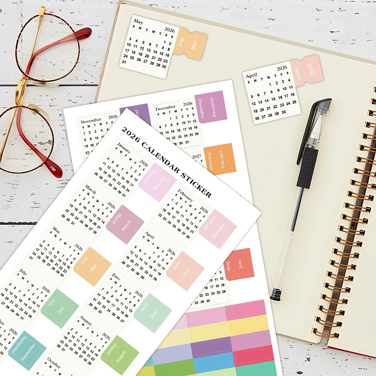 MINKYS 2026 12 Month Candy Color 2pcs/Pack Calendar Sticker Set Decorative Calendar Mark Lable Stationery Supplies