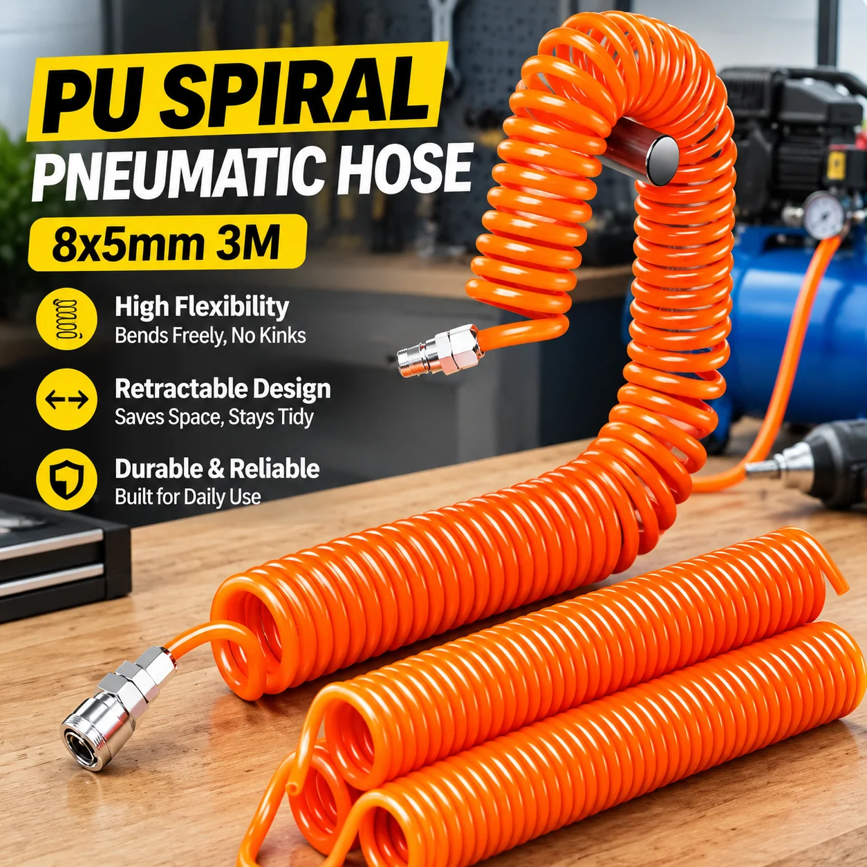 PU Spiral Pneumatic Hose 8x5mm 3M High Flexibility Retractable Spring Tube with SP20 PP20 Fitting for Air Compressor Power Tools