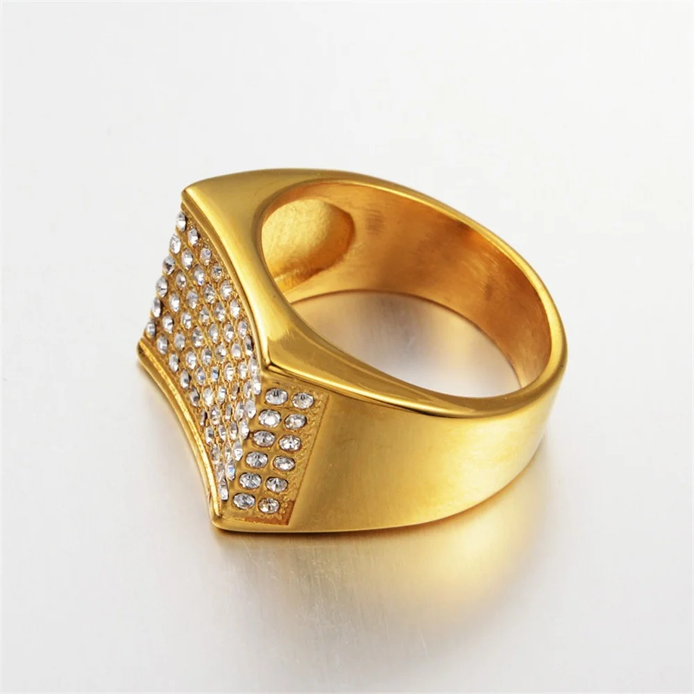 Hip Hop Men's Iced Out CZ Square Rings Male Gold Color 316L Stainless Steel Cubic Zirconia Big Cool Ring for Men Party Jewelry