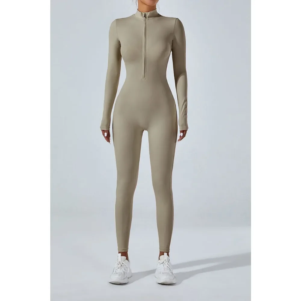 New nude zipper long sleeved yoga jumpsuit, high-intensity fitness and sports integrated jumpsuit tight fitting yoga suit