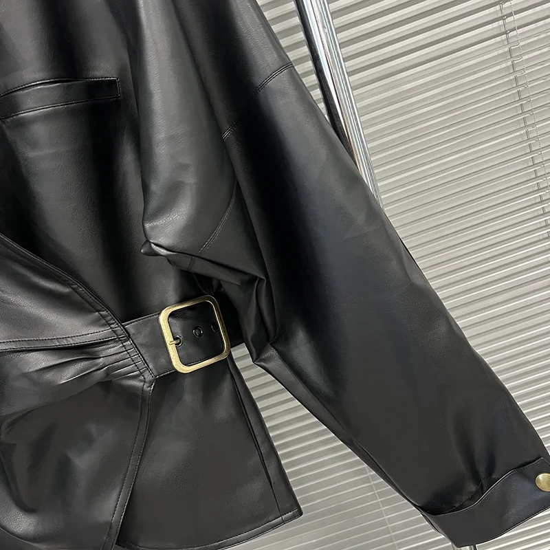 KBQ Solid Spliced Belts Tunic Loose Coats for Women Stand Collar Long Sleeve Korean Version of Casual Leather Jacket Female New