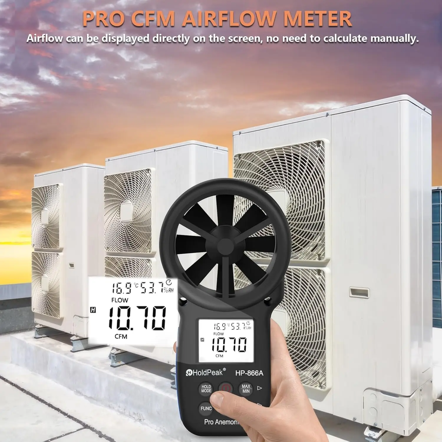 مقياس شدة الريح الرقمي من Holdpeak مقياس CFM محمول باليد HP-866A مع اتصال USB ونقطة الندى ومقياس كتلة الهواء مع عقد البيانات وUSB #4