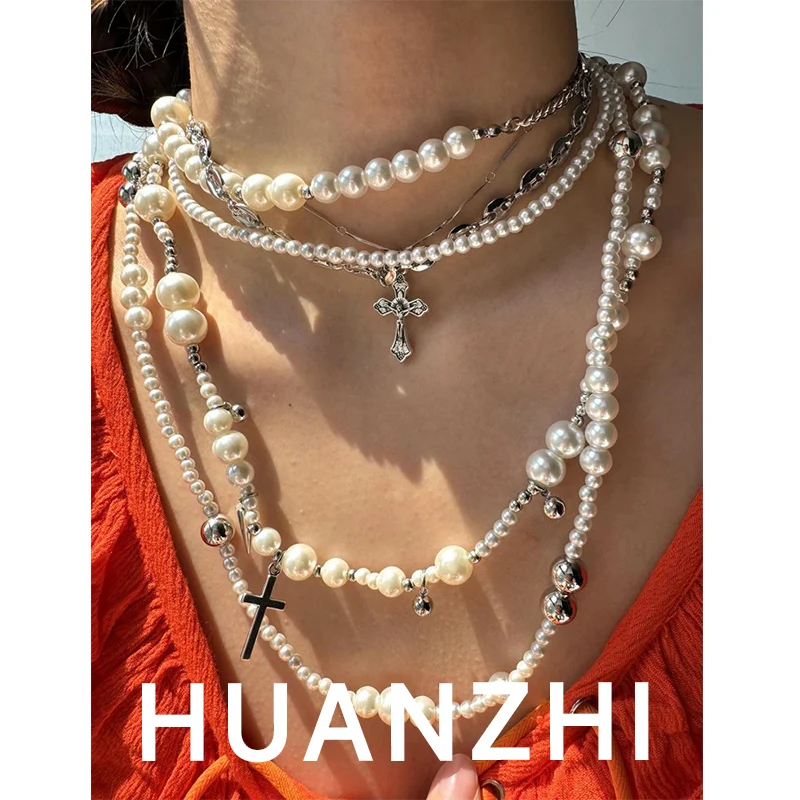 Four-Layer Pearl Beaded Cross Pendant Multi-Level Elegant High-End Luxury Necklace Set of Two Court Style Jewelry for Women