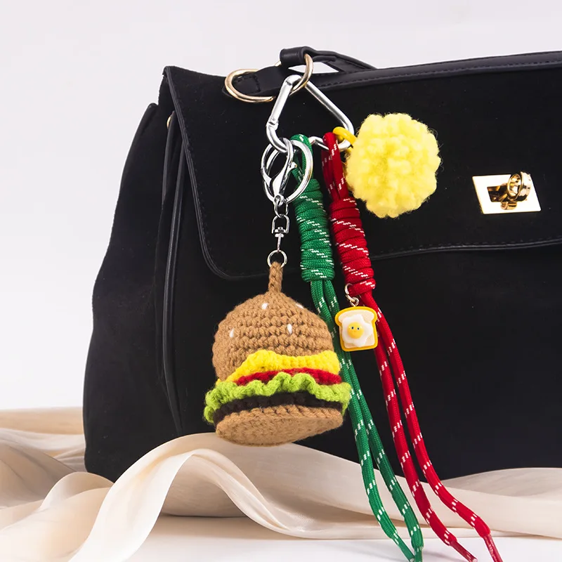 Creative Plush Knit Fried Chicken Legs Key Chain Cartoon Burger Simulation Food Pendant Car Key Bag Decoration Delicious Keyring