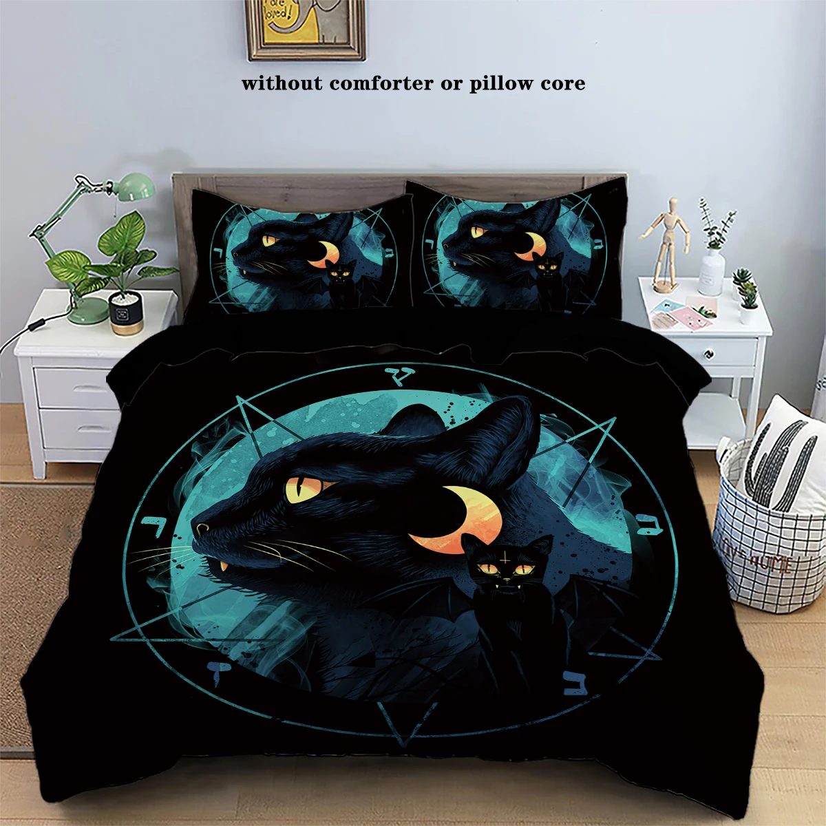 3 Piece Duvet Cover Set With Black Cat Moon Print Pattern (1 Duvet Cover+2 Pillowcases, No Core) Comfortable Bedroom Bedding Set