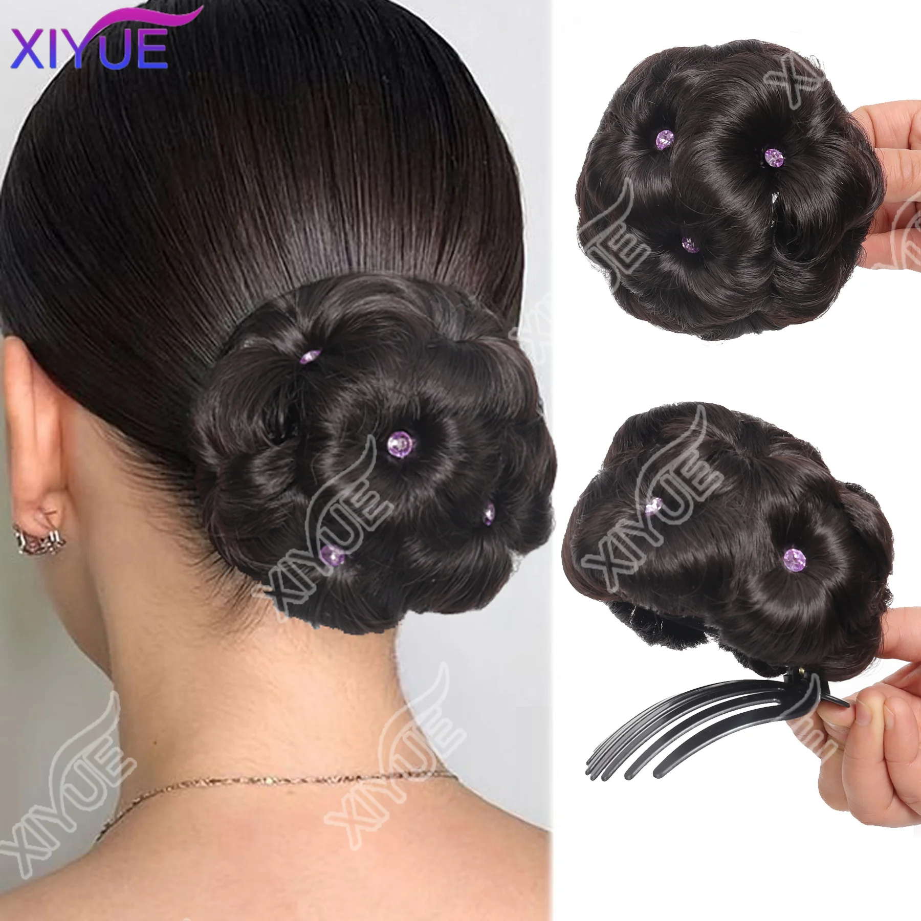 XIYUE Nine Flowers Hair Bun Chignon Pony Tail Bun Synthetic Rhinestone Claw In Ponytail Hair Extension Fake Hair for Women