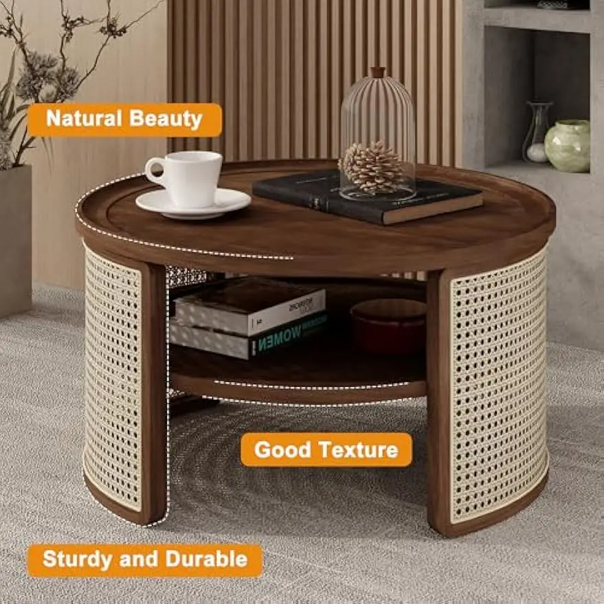 31.3'' 2-Tiered Round Walnut Wood Coffee Table, with Storage Rattan Base for Living Room Small Space Apartment