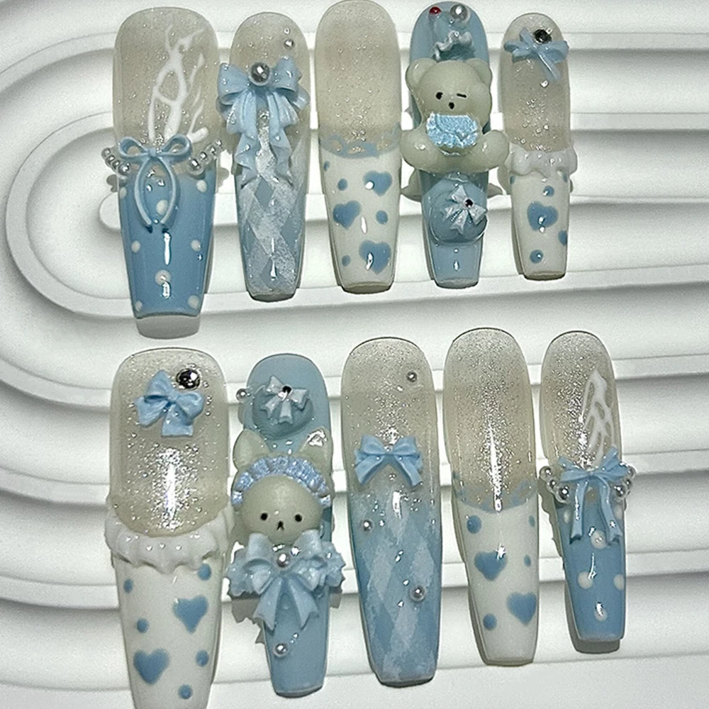 10 stuks Kawaii 3D boog teddybeer Franse handgemaakte pers op nagels schattig blauw konijntje lange nepnagels parels polka dot meisje nagelkunst