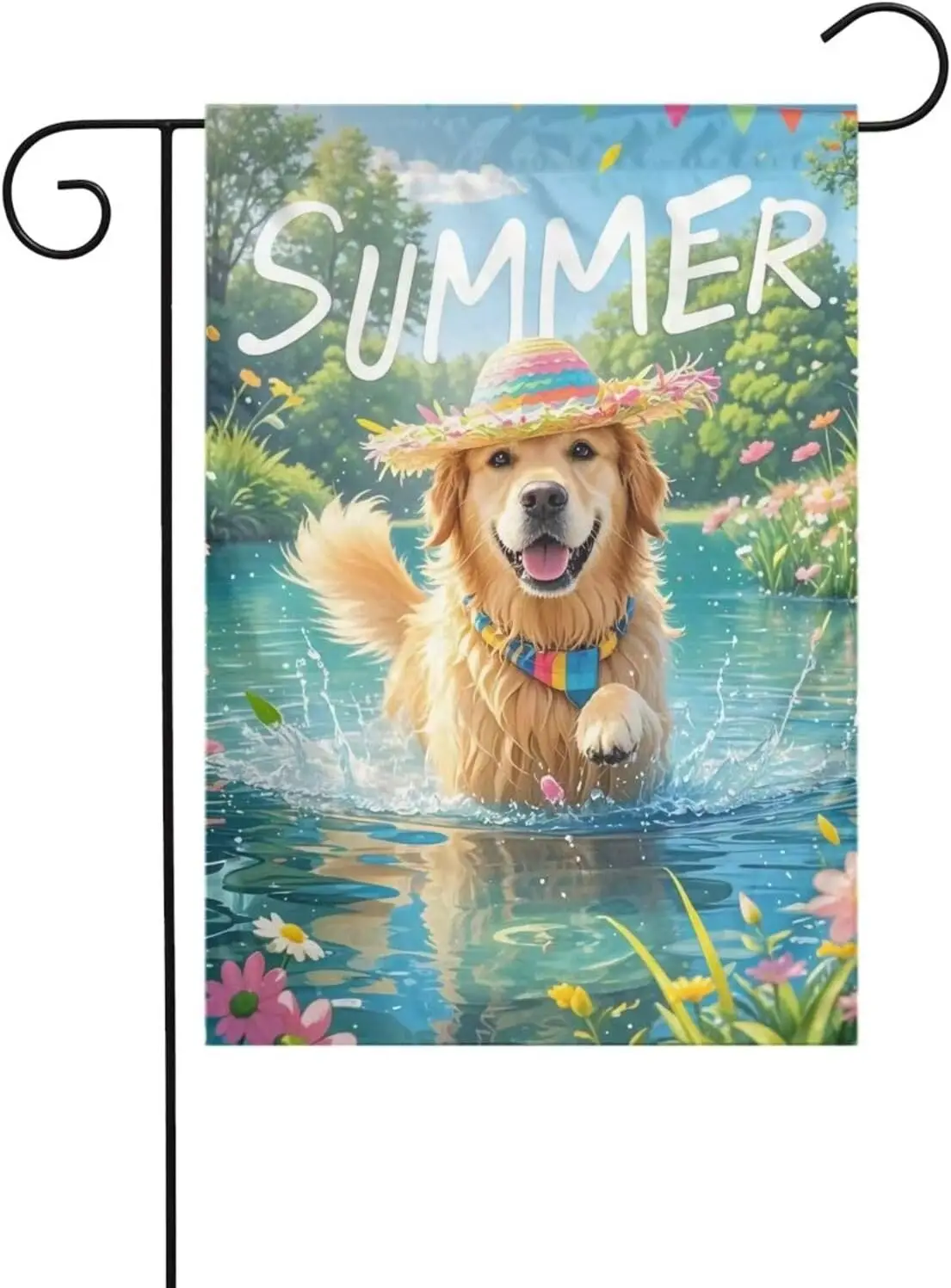 Summer Dog with Colorful Hat Garden Flag, Double Sided Yard Flag Weather Resistant Welcome Seasonal Outside Decorative Flag  SSL