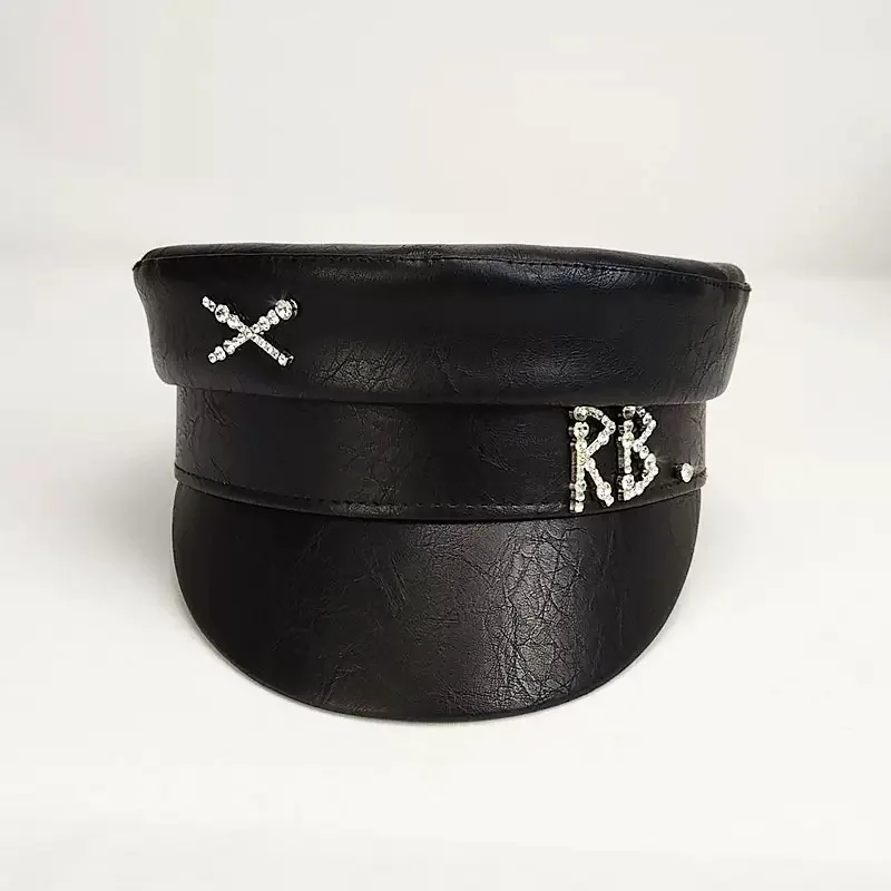

Fashion Designer PU Newsboy Hat For Women Diamond Letter Flat Top Cap Solid Color Militray Hat Fashion Street Style Navy Hat
