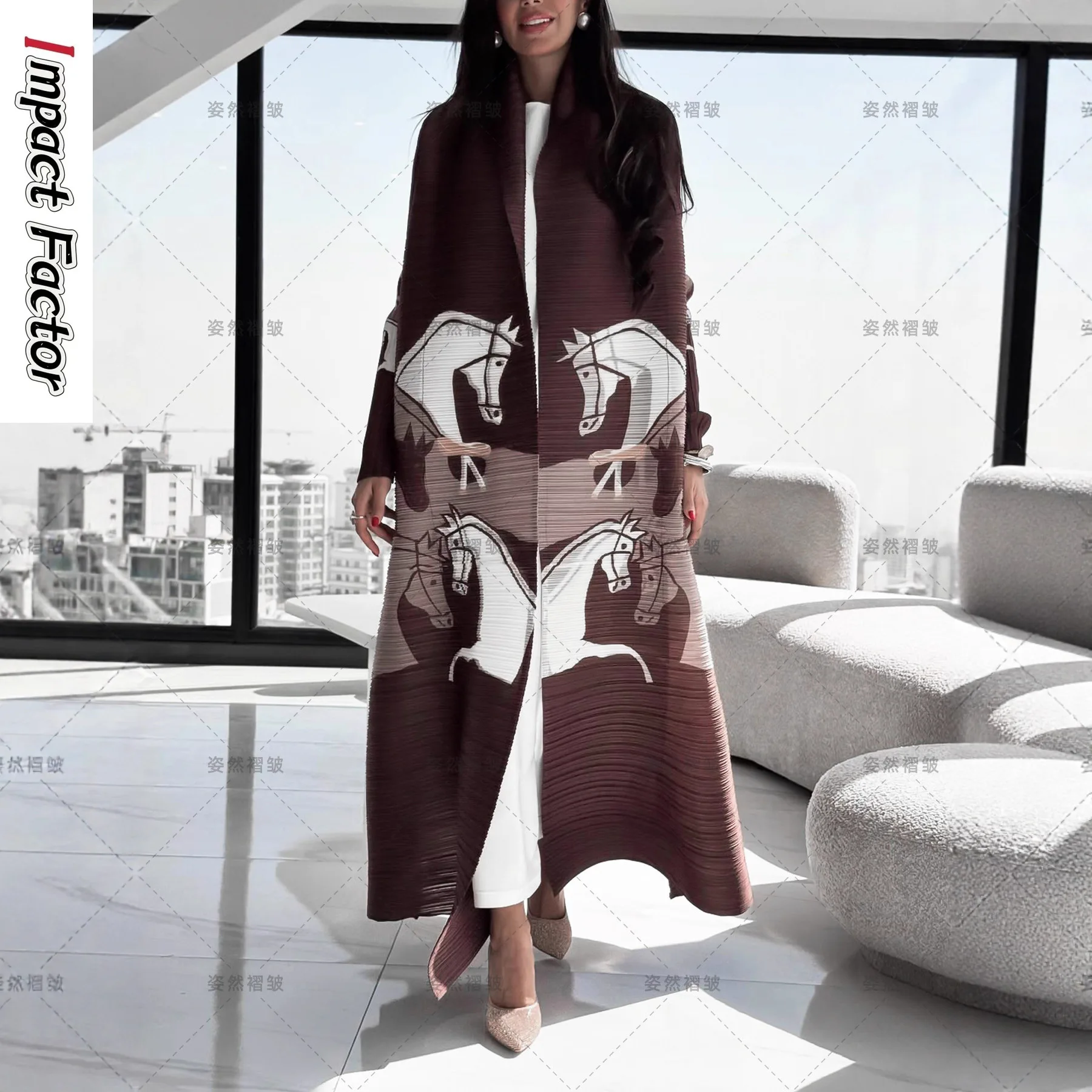 

2025 New Robes Women's Long Sleeve Cape Miyake Pleated Loose Print Cardigan Long Coat