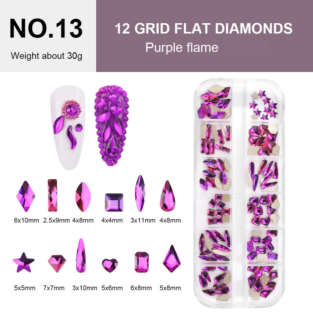 

Glitter Purple Flame Crystal 12 Grids Rhinestones Mix Shapes Nail Art Accessories Diy Decorations Nail Charms Free Shipping