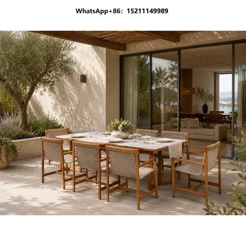 Dining Set with Teak Table and Handwoven Rope Chairs for Resort Villa Patio Projects