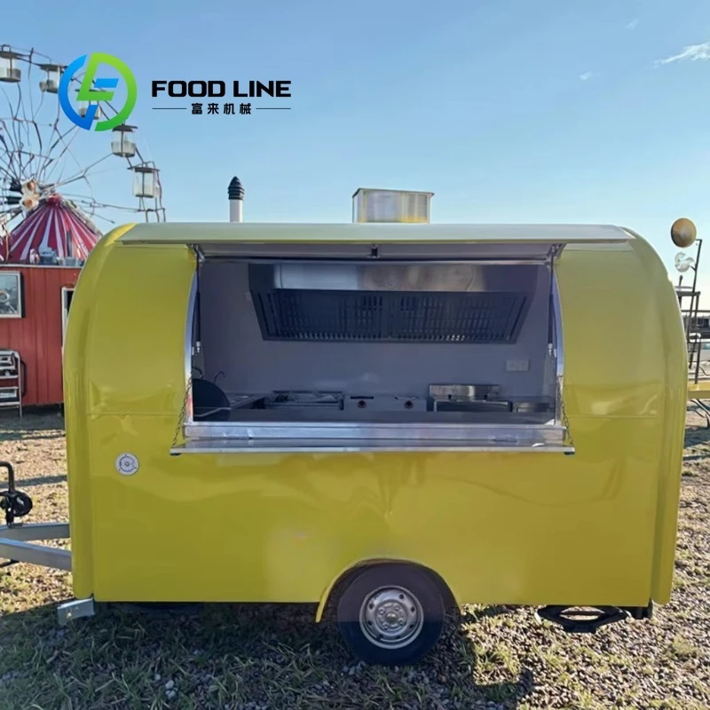 Towable Yellow Fiberglass Fast Food Cart Fully Equipped Mobile Kitchen Outdoor Bakery Trailer for Sale Customized