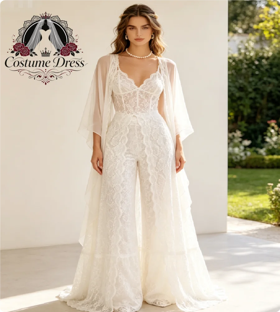 Bohemian Lace Jumpsuit Wedding Dress V Neck Corset Lace Bodice Wide Leg Flare Bridal Wear Kimono Cape Elopement Outfit Customize