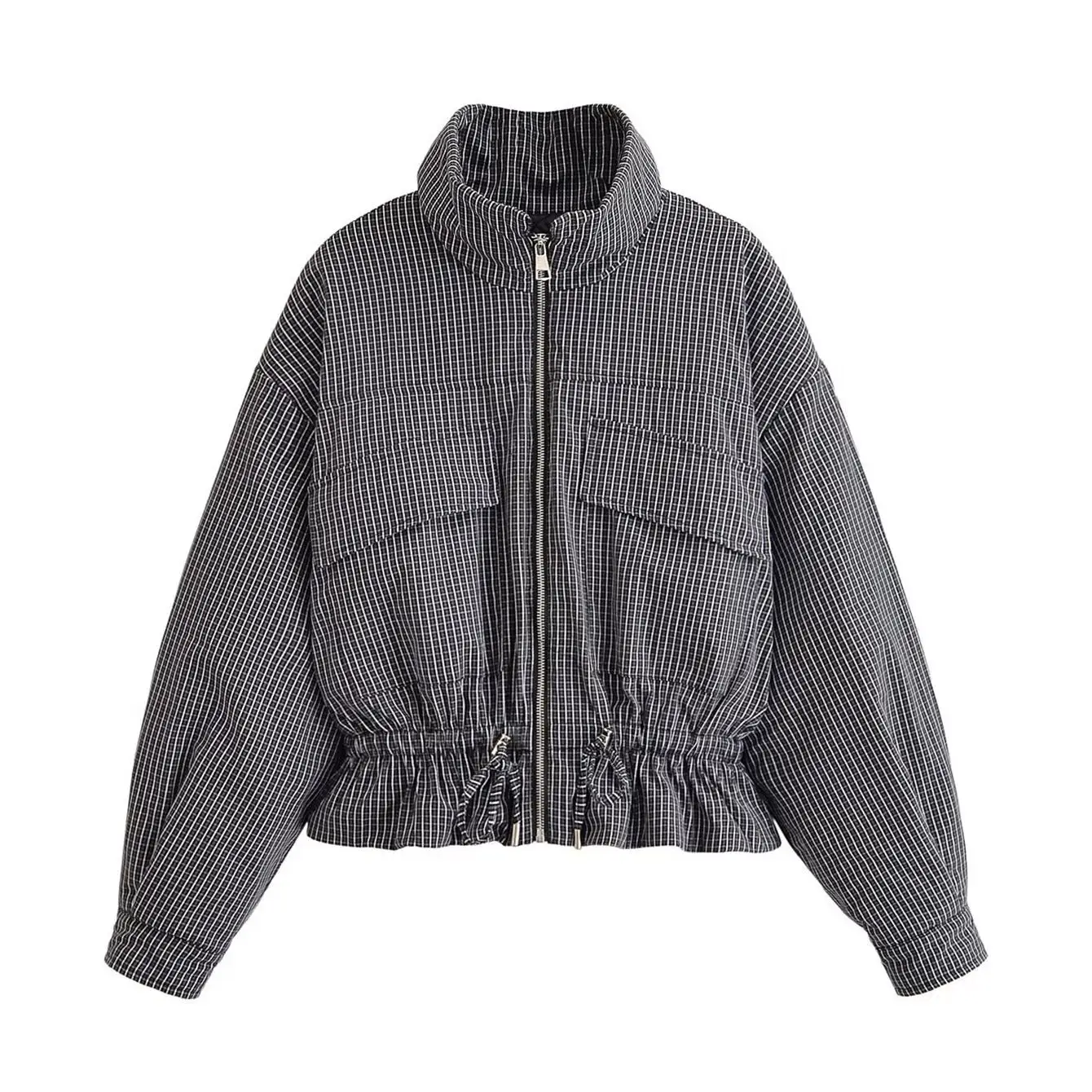 Retro Damen Karo-Jacke, modisch, mit Stehkragen, Kordelzug am Saum, lockere Passform, karierte Oberbekleidung, lässiger Mantel mit langen Ärmeln und Taschen – Detail 2
