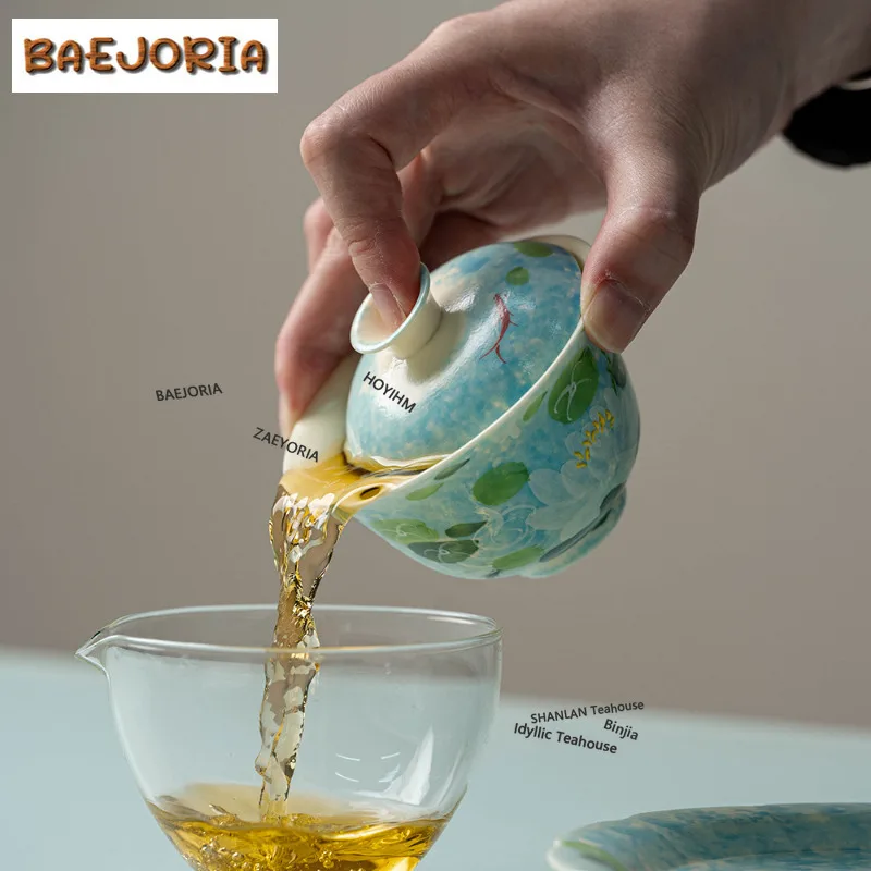 BAEJORIA Hand-painted Lotus Travel Tea Set Kit Japanese 1 Pot 3 Cups Household Tea Brewing Organizer Portable Outdoor Handbag