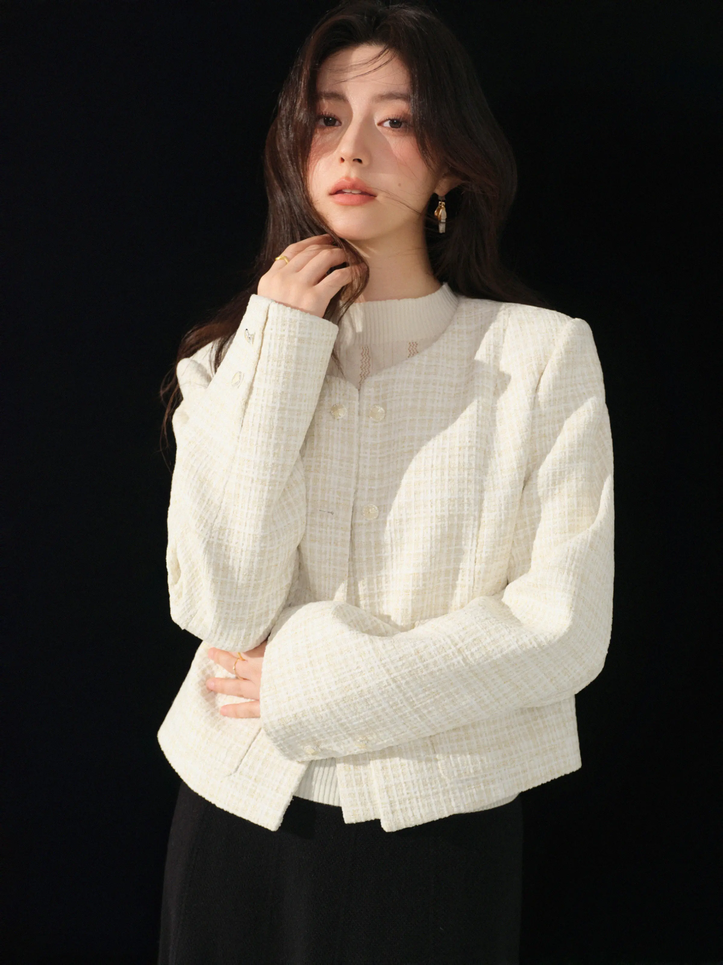 Women Textured Tweed Short Jacket Lady Elegant Chic Cropped Blazer Top Spring Casual Daily Commuter Style Outerwear Wear