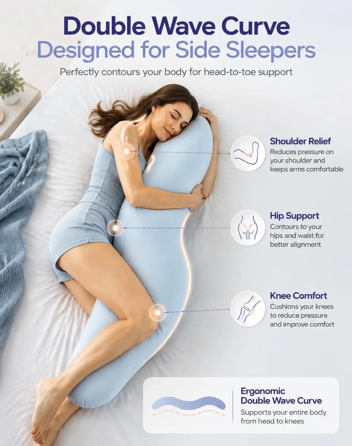 Pea Pod Shape Body Pillow with Dual-Zone Support & Cooling Fabric, Ergonomic Full Body Pillow for Side Sleepers, Pregnancy, Reading and Relaxing