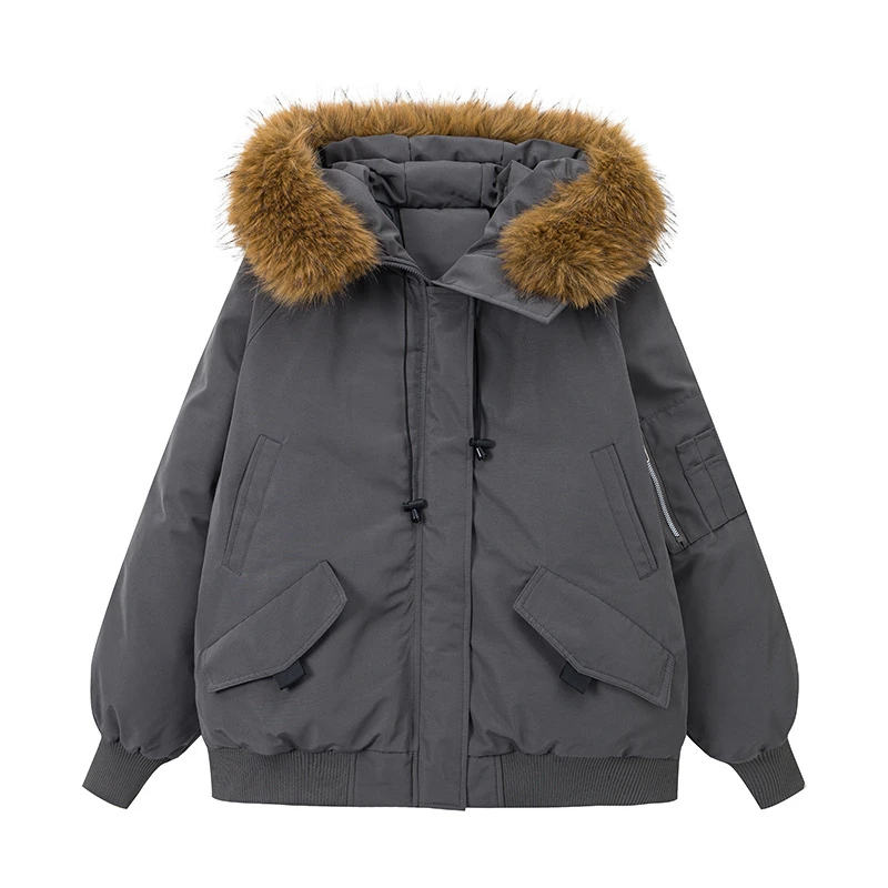 Winter Big Fur Collar Hooded Tooling Jackets 2025 Fashion Women's Down Cotton Padded Jacket Coat Long Sleeve Korean Coats Trend