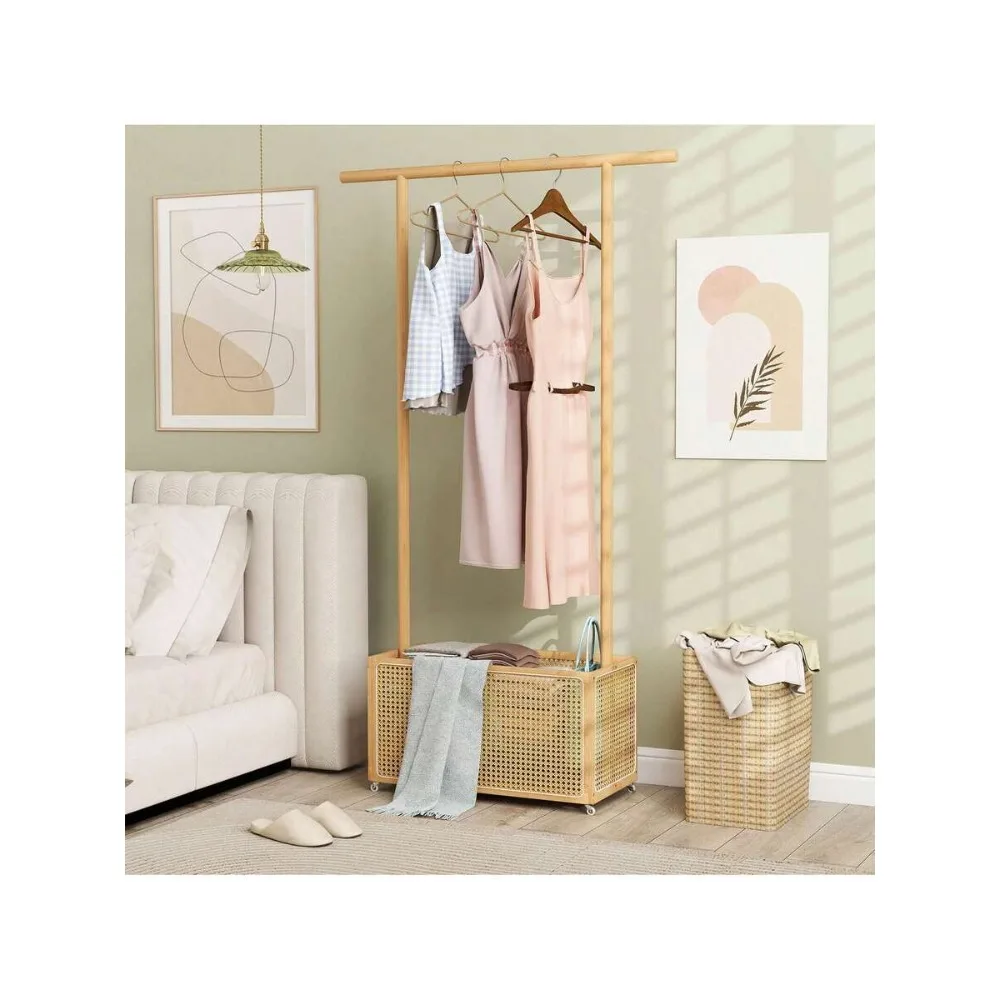 Bamboo Clothes Rack With Rattan Storage Basket & Wheels, Rolling Garment Rack for Hanging Clothes, Portable Wardrobe Organizer With 4 Shelves, Heavy Duty Coat Rack for Bedroom, Laundry, Entryway, Freestanding Drying Rack Brown Beige