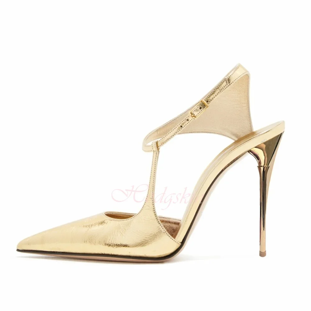 Pointy Toe รองเท้าแตะทองสายรัดหัวเข็มขัด Stiletto รองเท้าส้นสูงรองเท้าแตะผู้หญิงเซ็กซี่ฤดูร้อนรองเท้า Party Designer แฟชั่นหนังเงา