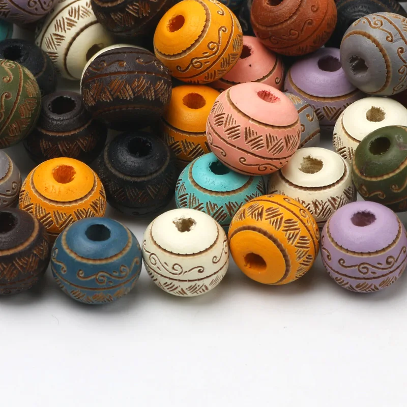 Printing Colored 10/20pcs 10mm Natural Wooden Beads For Jewelry Making Carved Decorative Pattern Beads DIY Bracelets Accessories