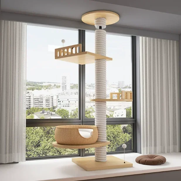 Creativity Cat Climbing Frame 360 ° Rotatable Ceiling Column Floating Window Solid Wood Cat Nest Cat