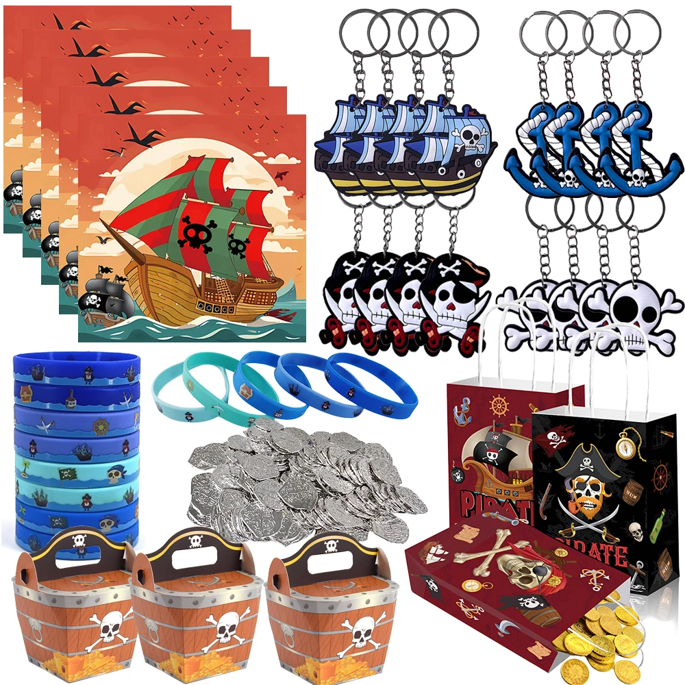 Suministros para fiesta pirata, servilleta desechable pirata, llavero, pulseras de goma, bolsa de regalo, accesorio de moneda dorada, recuerdos de fiesta temáticos pirata Deco
