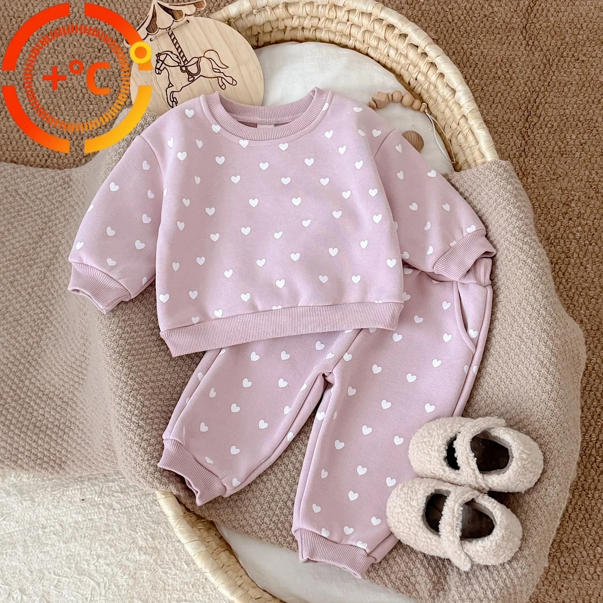 Baby Girls Fleece 2Pcs Outfit, Heart Print Crew Neck Sweatshirt + Jogger Pants, Pink Warm Autumn Winter Tracksuit