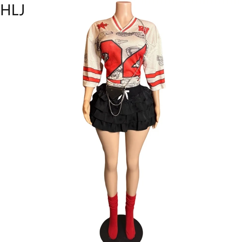 HLJ Sweet Bow Ruched Mini Skirts Two Piece Sets Women Letter Print Basketaball Tshirt And Skirts Outfits Fashion Y2K Streetwear