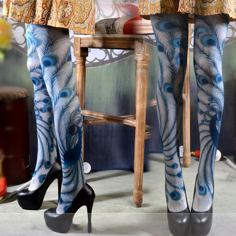 Women Retro Ethinic Style Sexy Pantyhose Peacock Printed Tights Girl Catwalk Show Pantyhose Spring Thin Transparent  Stockings