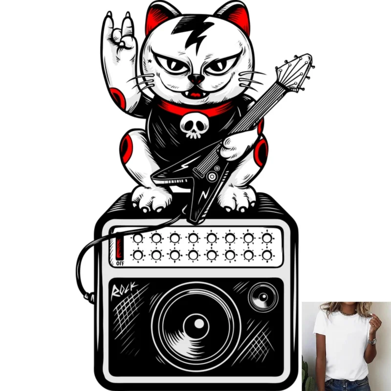 Trendy Rock Style Lucky Cat Heat Transfer White Ink Iron - on Patch, Suitable for T - shirts/Canvas Bags, Personalized Music
