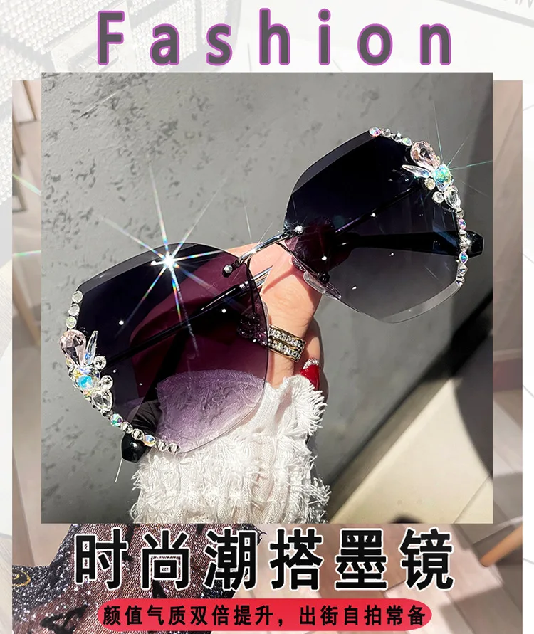 Neue Strass Sonnenbrille für Frauen hochwertige Weiblichkeit Mode rahmenlose große Rahmen schlanke Brille fahren UV-Schutz – Detail 5