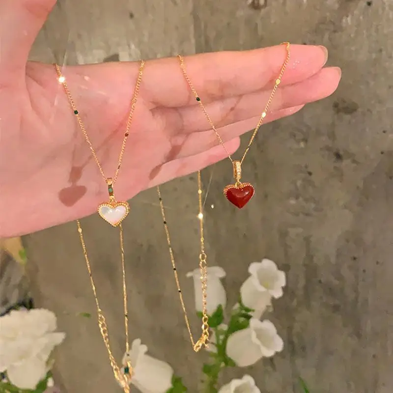 1Pcs French-style Elegant Double-faced Burgundy Heart Enameled Pendant Necklace With Micro-set Stones, Women's Lightweight