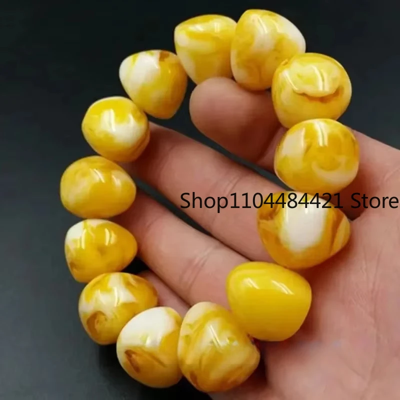 Amber Yellow Beeswax Old Honey Wax Amber Bracelet Round /barrel Bead Hand Row for Men Hand Bangle Suitable 15-20 -25cm