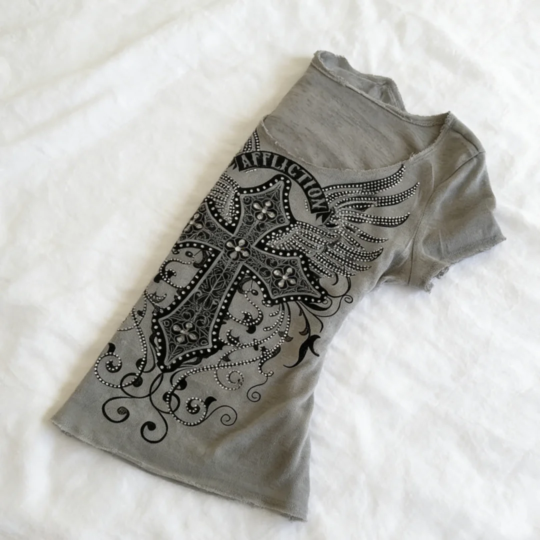 Grey Gothic Tee Women 2026 Rhinestone Cross Wing Detail Raw Edge Neck & Hem Y2K Aesthetic Streetwear