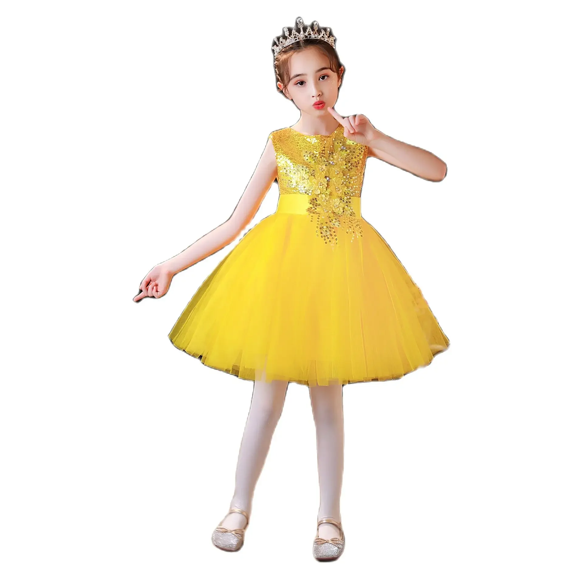 Yellow Sequined Girls Stage Dress Jazz Dance Modern Dance Costume Ballet Princess Skirt Boys Long sleeved Performance Clothes