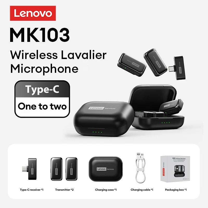 

Беспроводной петличный микрофон Lenovo MK103 (1 на 2) с креплением-клипсой для телефонов Type-C, iPad, прямых трансляций, видеозаписи, видеоблогов, портативный
