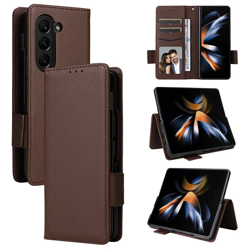 Leather Case for Samsung Galaxy Z Fold 6 5G, with Wristlet Flip Kickstand Magnetic Protective Cover Card Holder Phone Case